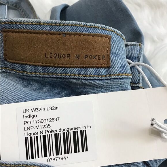 LIQUOR N POKER Blue Nevada With Blk/Wht Side Stripes Stonewashed Overalls Unisex - Picture 12 of 13